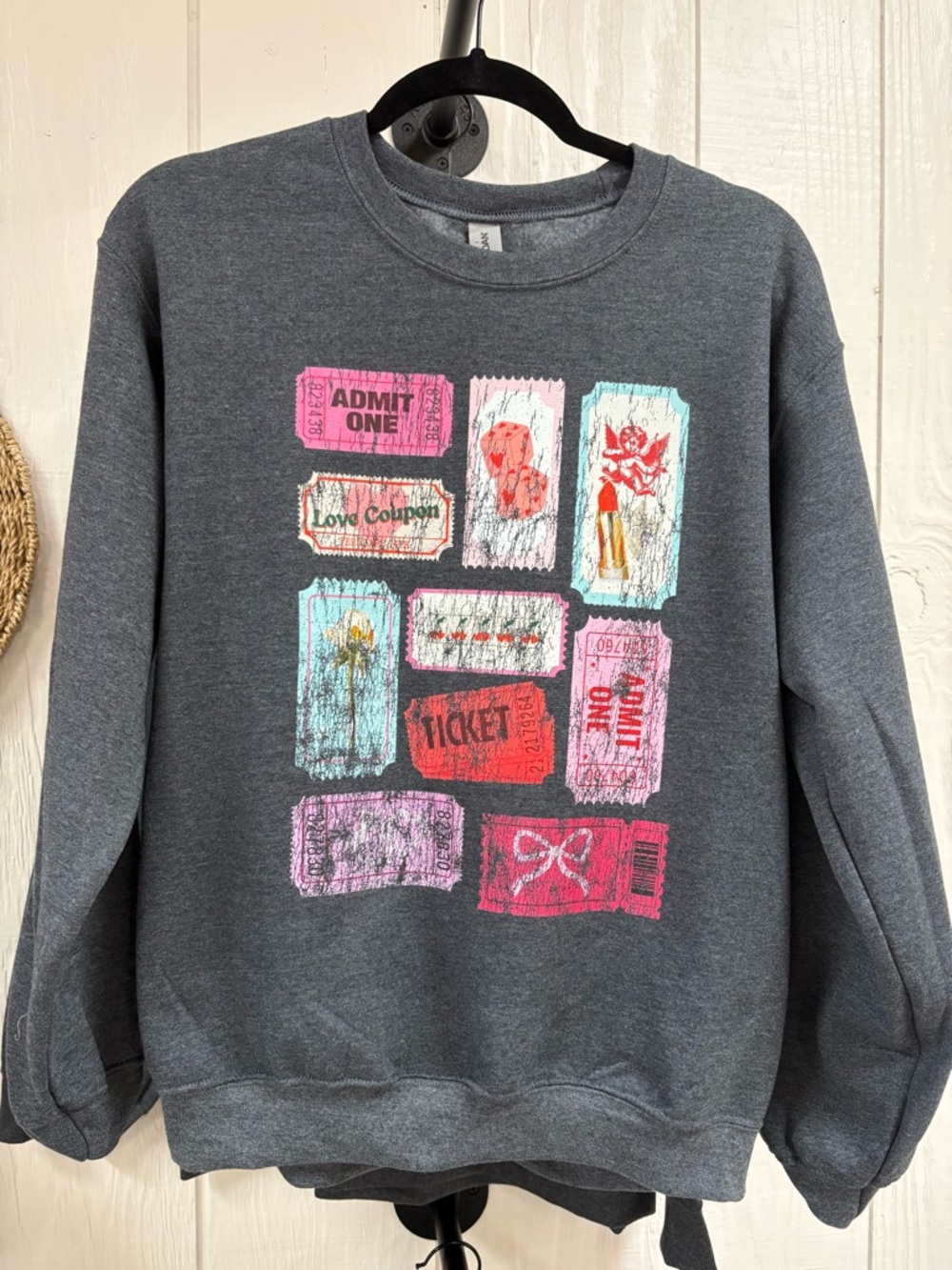 Gildan Charcoal Gray Crewneck Sweatshirt with Pink & Light Blue Ticket Print